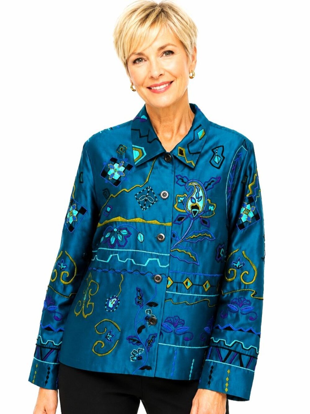 Coldwater Creek Teal Blue Embroidered Silk Jacket